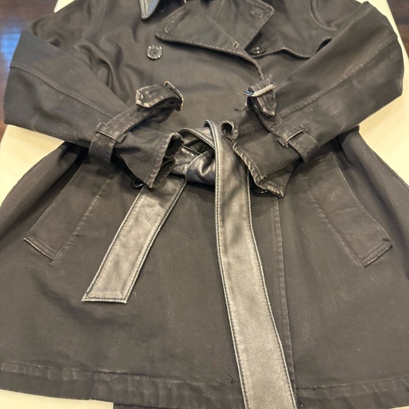 RALPH LAUREN Womens Black Denim Trench Coat Jacket Leather Collar Vtg Sz M - Picture 11 of 12